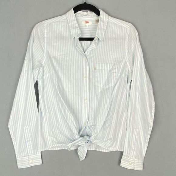 Levi's Tops - Levis Pale Blue White Stripe Cotton Front Tie Button Up Shirt Women Size S